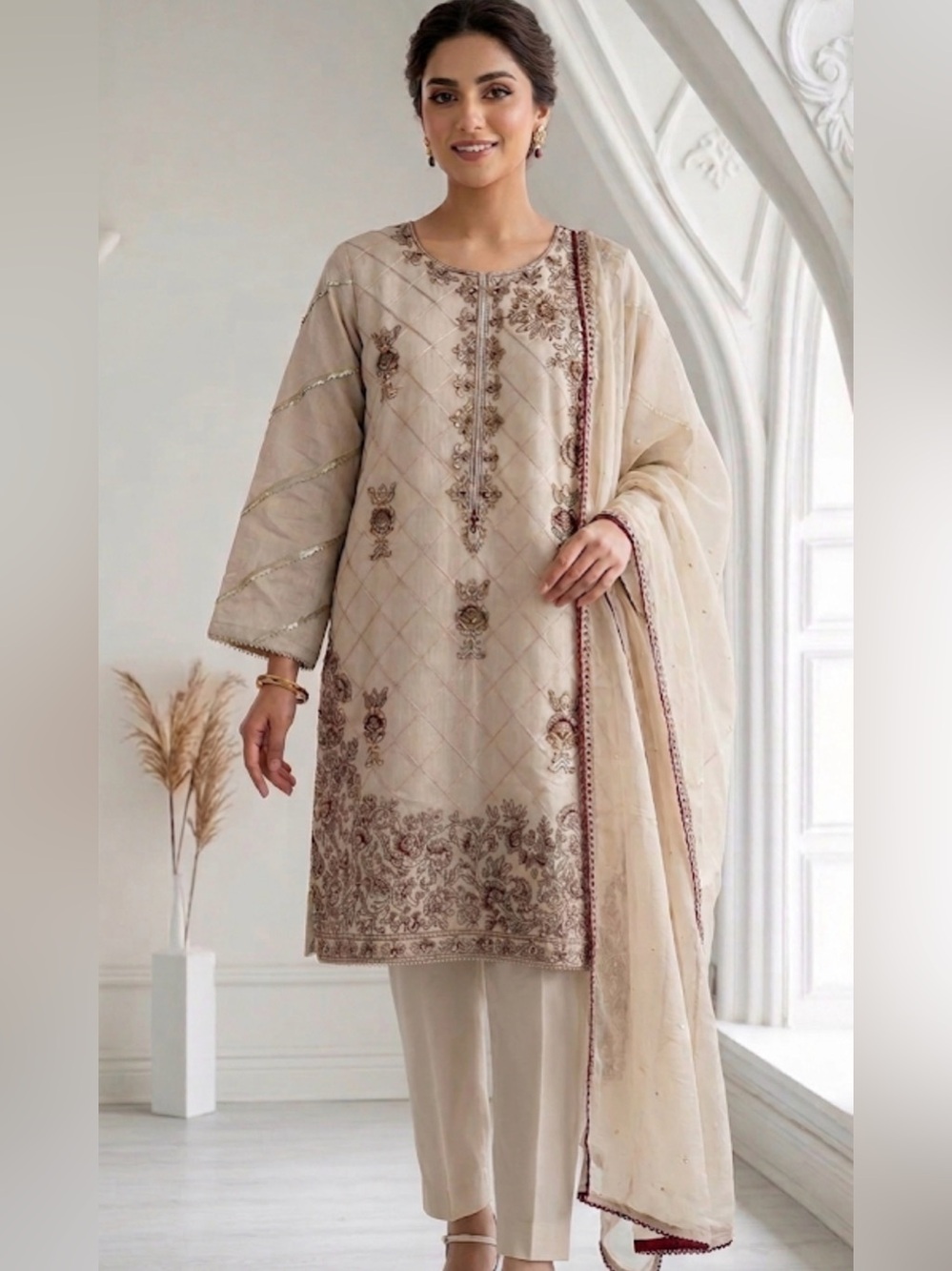 Indian Embroidered Cream 3pc Salwar Kameez Suit Beige Kurti Dupatta Size [L]